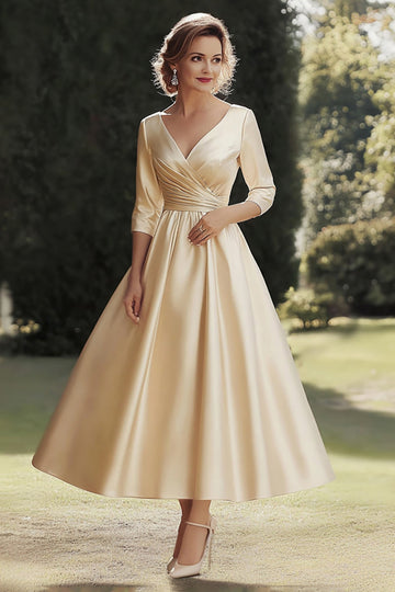 Champagne A Line 3/4 Sleeves V Neck Mother of the Bride Dress